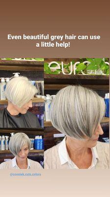 Low lights in white hair add dimension and movement
Hair by Connie K