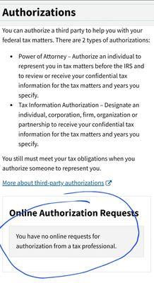 IRS.GOV account showing no authorizations on my account for a Power of Attorney.