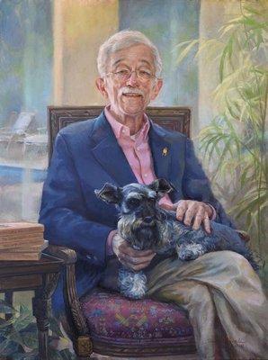 "Jesse and Charlie," 40 x 30 in. oil on canvas, 2018 by Shane McDonald - advocate for LGBTQ social change with lap dog in interior setting