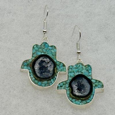 Geode and turquoise hamsa (hand of blessing) earrings