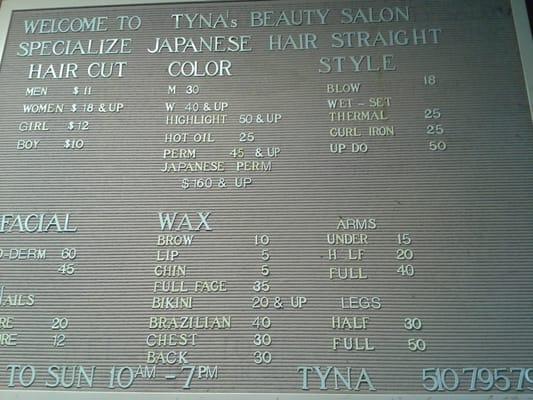 Tyna's Beauty Salon Prices, Lido Faire Shopping Center, Newark, CA.