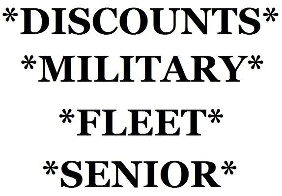 DISCOUNTS ON MILITARY, FLEET, SENIOR VEHICLES