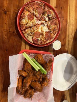 Small Pepperoni and Mushroom. Baked Chicken Wings - 12 Wings buffalo