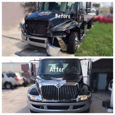 Truck VS. Tow Truck the tow truck took a beating but we made sure she came out looking brand new !