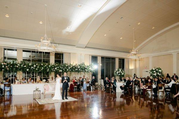 Our wedding reception setup inside the Grand Overlook Ballroom. Flowers by Unique Floral Expressions. Photo by Leigh Wolfe Photography.