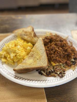 Smothered, covered and capped hash brown. It was amazing. This is a good Waffle House around 2pm on a Saturday afternoon .