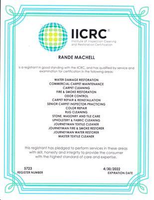 IICRC Certified in these categories.