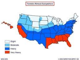 United States map of Termite activity. Call us for your FREE Termite Home Inspection.