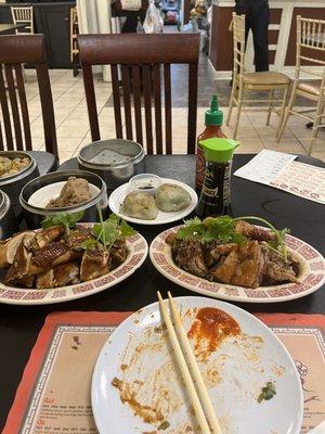 Soy sauce chicken (left front) Roast duck (right front) Shrimp and chives pan fried dumpling  Steamed beef meatball Har gow  Pork dumplings