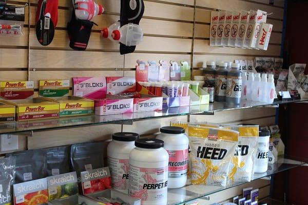 Nutritional supplements from Hammer, Skratch Labs, PowerBar, Cliff, and Nuun.