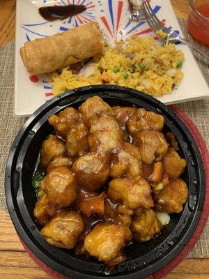 Orange Chicken comes with steamed broccoli underneath, large egg rolls not too greasy, pork fried rice YUM