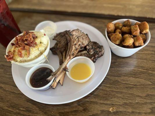 Popsicle Grilled Lamb Chops Platter , loaded mashed potatoes,  Fried Okra!