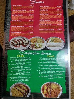 Menu of combinations and burritos