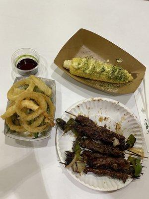 Tempura, Mayo butter furikake corn, grilled beef skewers