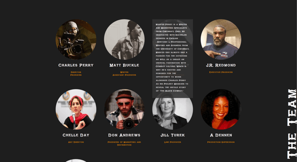 Team Section of The Black Cowboy film documentary web design project