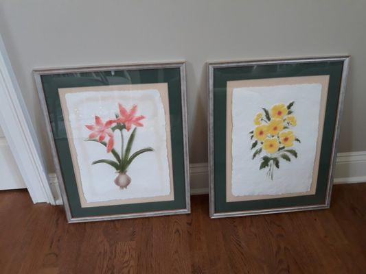 2 stamped flowers on cotton paper, framed