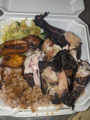 Rice & peas, cabbage, plantains with jerk chicken