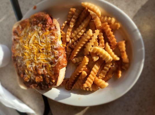 Adult chili cheese dog and fries