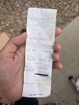 Receipt of payment for the battery... that he claims I didn't buy nor pay for