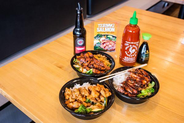 Front, right, back: Orange Chicken, Chicken Teriyaki, Spicy Chicken Teriyaki