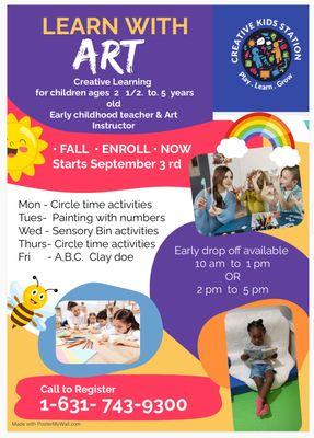 Learn with Art drop off service for kids 2 1/2 to 5 years old