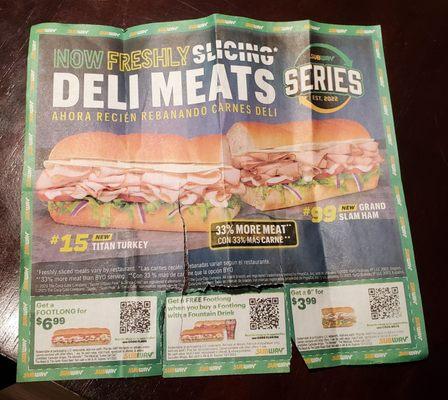 Coupon Sheet mailed to me by Subway. This is the coupon sheet the employee accused me of making up or basically faking these coupons.