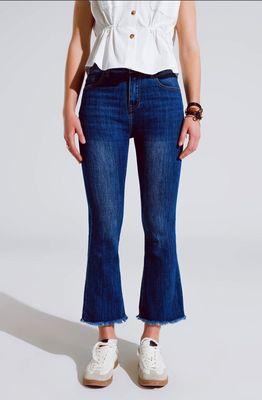 Q2 Denim Spain Flared Skinny Cropped Jeans with Raw Hem in Mid Wash