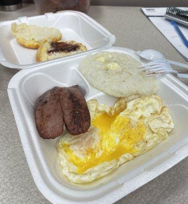 Breakfast Special: one meat, two eggs, grits and biscuits or toast for $7 (after tax)