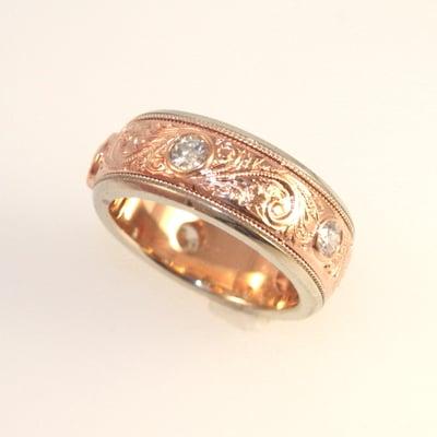 Custom Designed Wedding Band by Craig Brady -- Diamonds in Hand Engraved Rose & White Gold.