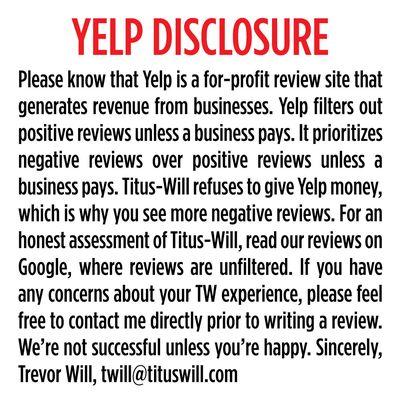 Please contact me directly prior to writing a review. We're not successful unless you're happy. Thanks! Trevor Will, twill@tituswill.com