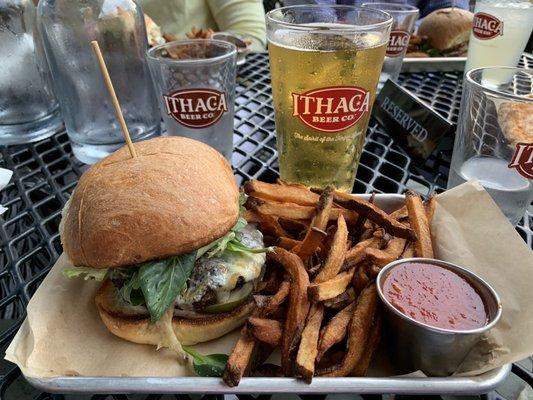 Burger and fries. With a huge variety of beers