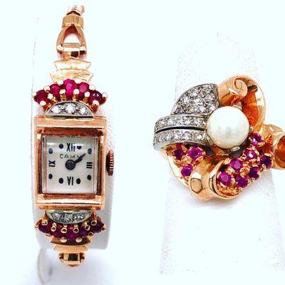 Vintage Rose Gold, Rubies & Diamonds Watch & Ring with pearl