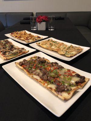 Flat breads for happy hour - steak, veggie, shrimp or chicken bacon