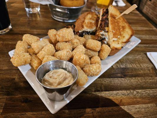 Seasoned tots and the Turkey Burnt Ends Sandwich!