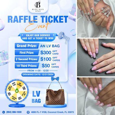 From November 20 - December 20, every visit to Bleu Nail Spas gets you a raffle ticket