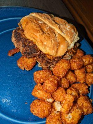 Chorizo burger and tots