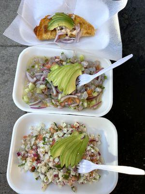 Ceviche de pescado, ceviche de camarón y taco gobernador.