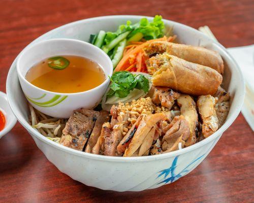 Chicken and fried roll vermicelli bowl