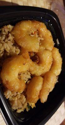 Honey walnut shrimp and fried rice bowl