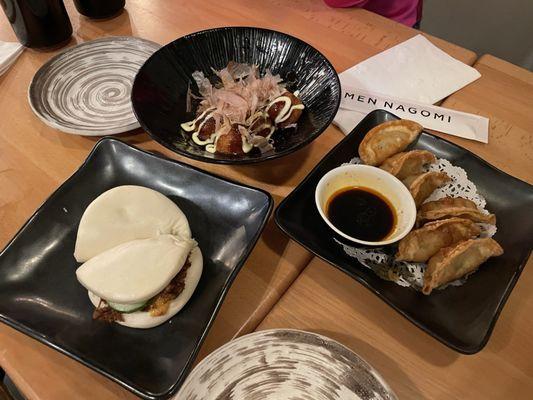 Pork Floss Bao, Takoyaki, Fried Gyoza