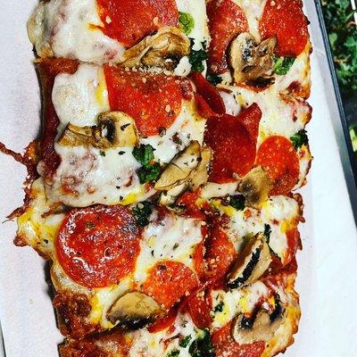 Try the classic pepperoni mushroom focaccia pizza