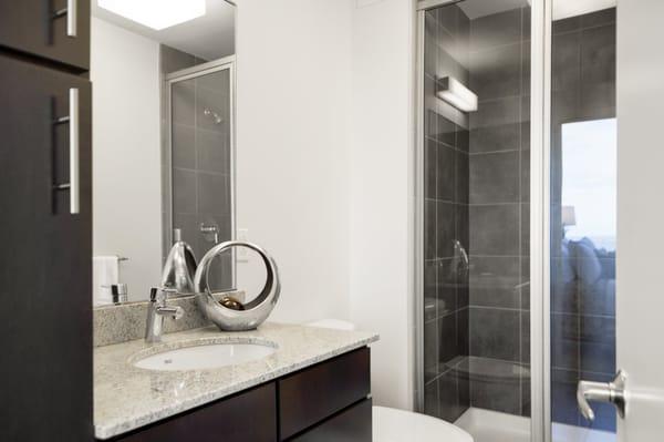 Ample storage and stall showers in select apartment bathrooms