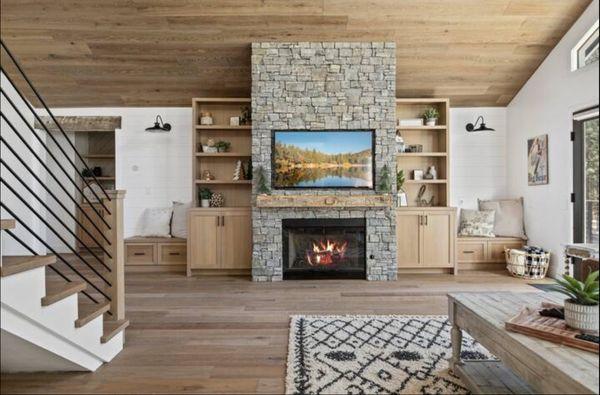 Fireplace, cabinets, wood ceiling, wood floor