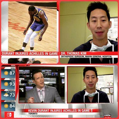 Dr. Thomas Kim was featured on KRON4 news to discuss Kevin Durant's Achilles injury in Game 5 of the NBA playoffs.