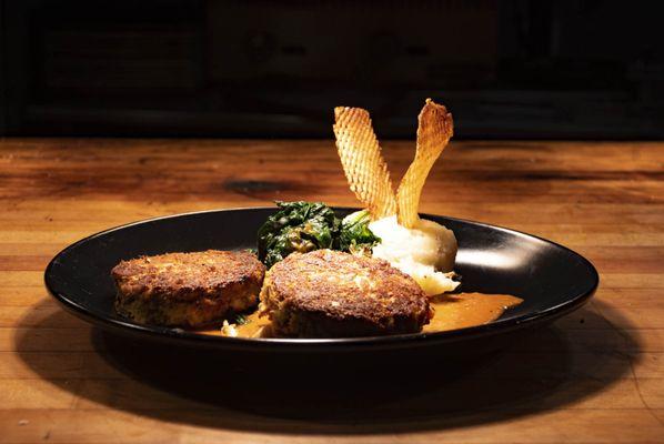 Crab Cakes with Sauteed Spinach & Garlic Mashed Potatoes served with Two Sauces