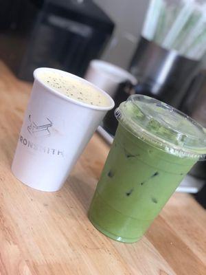 Turmeric ginger with oat milk (Hot) Matcha late with extra matcha oat milk (iced)