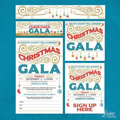 Branding SCF Gala Event includes: Flyer, Table Sign, Email Sign-up Sheet, Webpage Header, Webpage Rotator Email Graphic and Facebook Post.