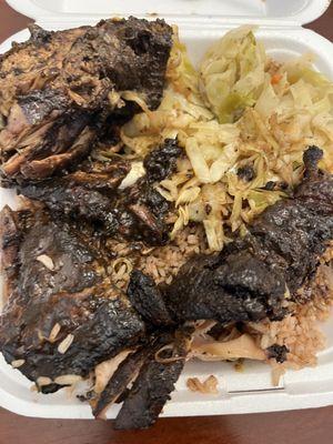 Jerk chicken, cabbage and rice and peas