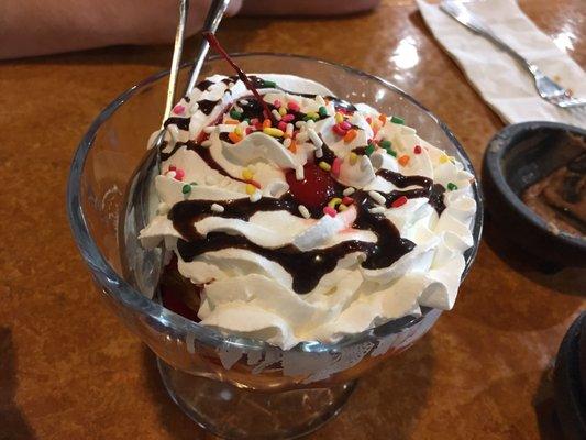 The Fried Ice cream. Not freshly fried like we're use to just was frozen ice cream, corn flakes with chocolate and strawberry syrup