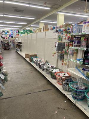 Very few shampoo choices and no conditioner to be found amid empty shelves.